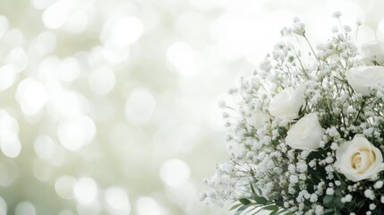 White roses and babys breath bouquet soft floral background
