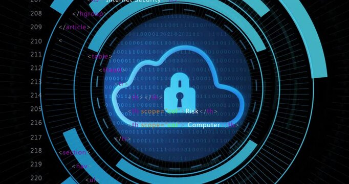 Cloud padlock icon floating at center, highlighting streaming binary digits and scattered code tags
