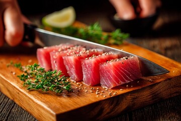 A skilled chef slices into fresh tuna, preparing sashimi on a wooden board. Garnished with herbs and sesame seeds, the dish is accompanied by lime for flavor enhancement