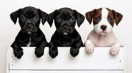 Obraz premium Three adorable puppies sit side by side, peering over a white wooden fence against a plain background.