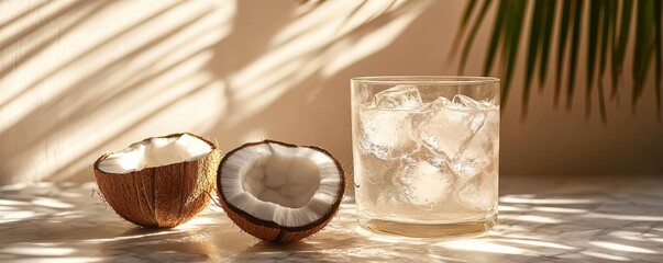 World coconut day with tropical drinks idea. Coconut halves and a glass of coconut drink with ice in soft lighting.