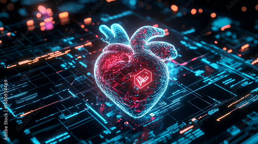 Poster digital heart: glowing network data visualization