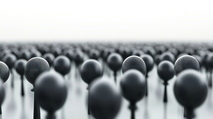 Numerous gray sphere microphones in rows communication technology concept