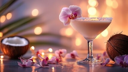 World coconut day with tropical drinks idea. Tropical cocktail with coconut and orchid decorations.
