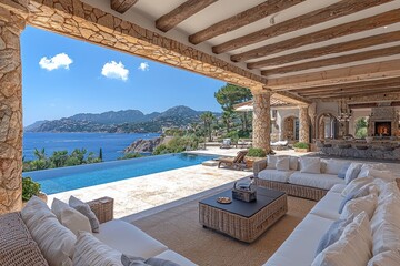 Mediterranean villa with expansive pool, patio furniture, and stunning ocean views