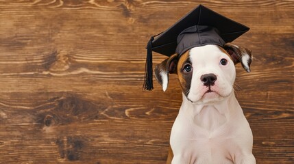 A cute puppy wearing a graduation cap sits in front of a wooden background.