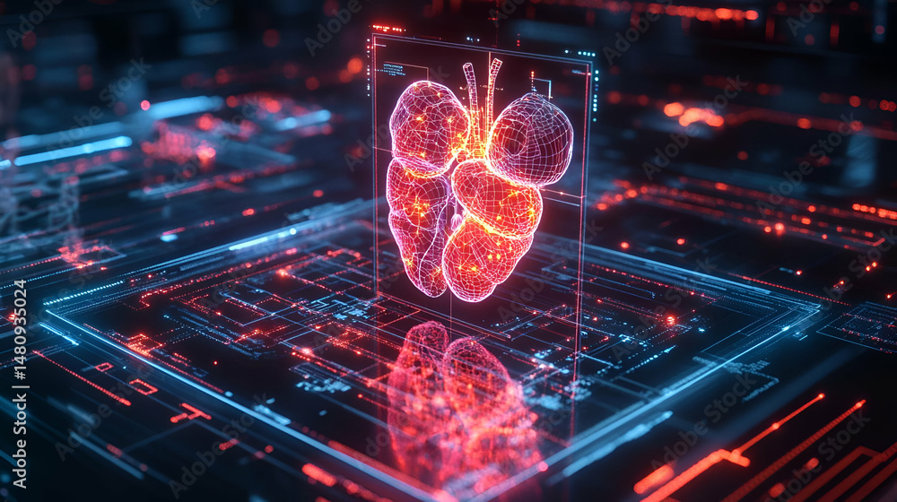 Poster digital lungs and heart model in a futuristic technological setting