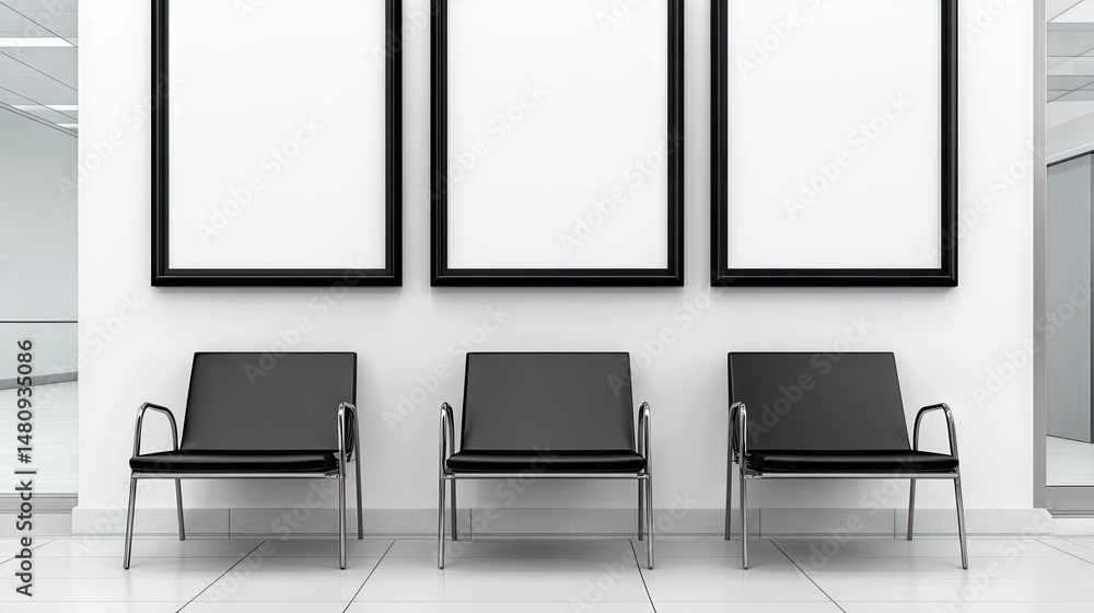 Poster minimalist interior design featuring three modern gray chairs aligned against a plain wall with thre
