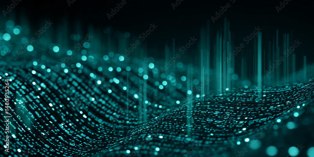 Poster teal abstract background with glowing particles and vertical lines, creating a dynamic and technolog