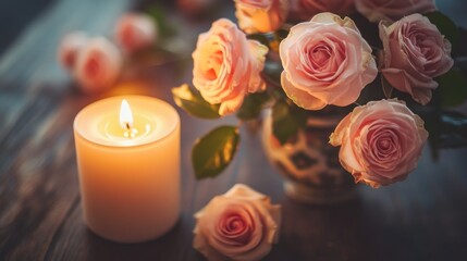 Illuminated pink roses and burning candle still life