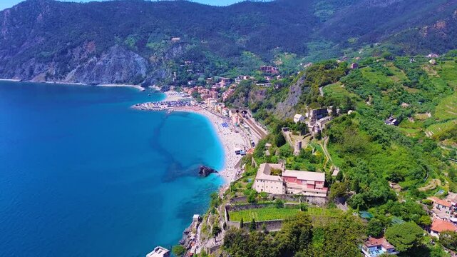 Aerial view of Monterosso Colorful Cinque Terre Villages on the Italian Mediterranean Coast