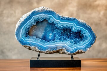 A stunning blue agate stone displayed on a sleek black base. showcasing its intricate layers and patterns against a rustic brick wall background. ideal for home decor or educational purposes