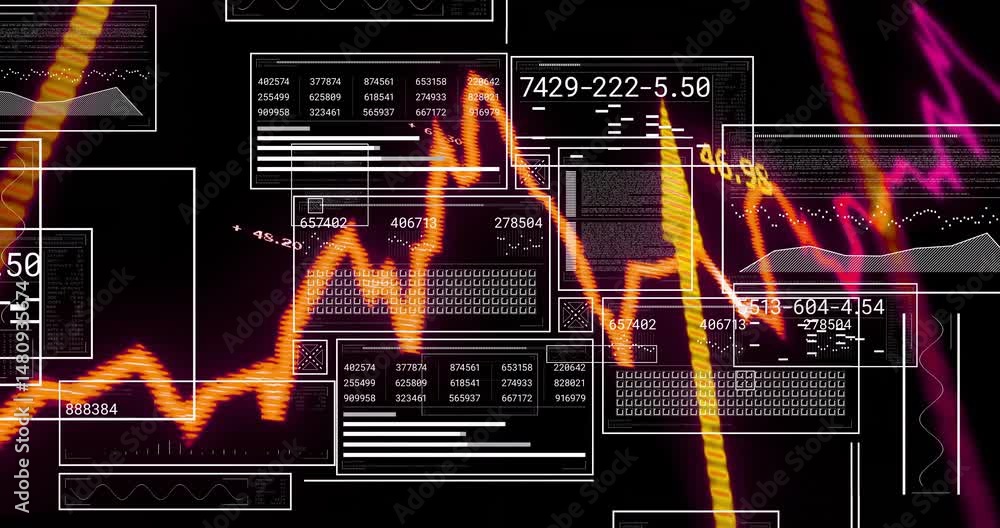 Poster neon orange waveform zigzagging across display, overlaying white data panels and numeric charts