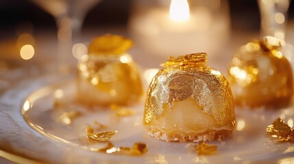 Luxury dessert with gold leaf, pear filling, and biscuit base served on elegant plate. Gourmet festive treat for exclusive dining and holiday occasions