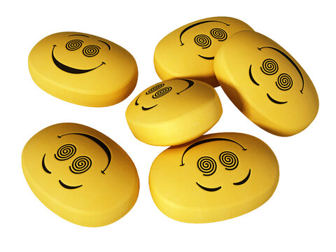 Antidepressant pills with smiling face on transparent background. 3D illustration