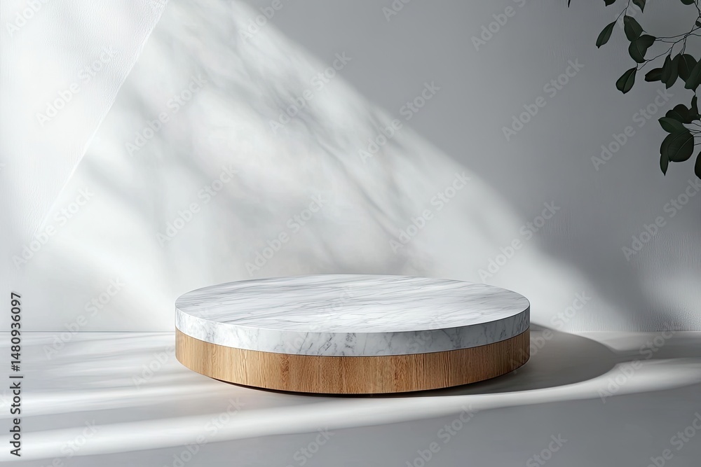 Poster a beautifully crafted round stone platter with a natural edge. resting on a minimalist white shelf. 