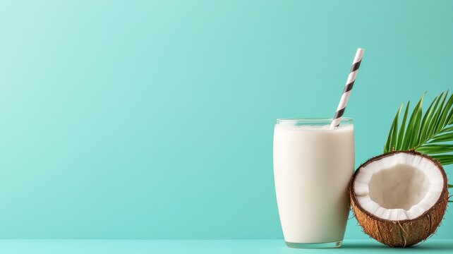 World coconut day with tropical drinks idea. Refreshing coconut drink with a straw on a pastel background.