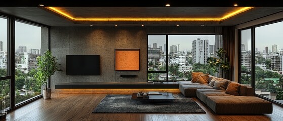 Modern city apartment living room with large windows, offering panoramic views, featuring a sectional sofa, flat screen TV, and warm lighting