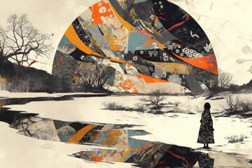 Fototapeta premium Solitary figure by a reflective water body, facing a large abstract sun-like art piece in a wintry landscape