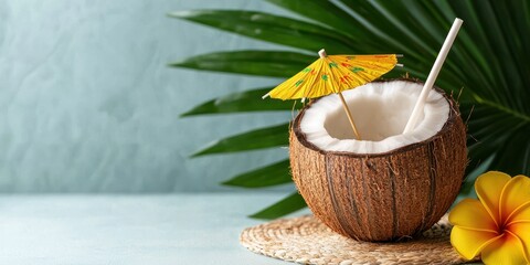 World coconut day with tropical drinks idea. Coconut drink with tropical elements and vibrant colors.