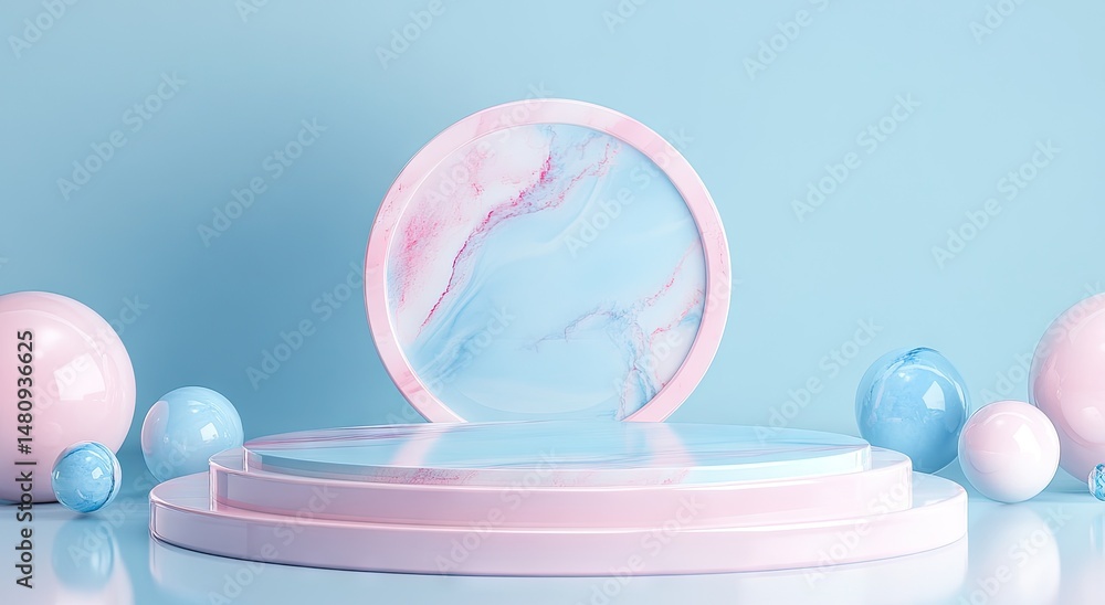 Poster a serene pastel backdrop featuring a circular marble platform surrounded by glossy spheres. creating