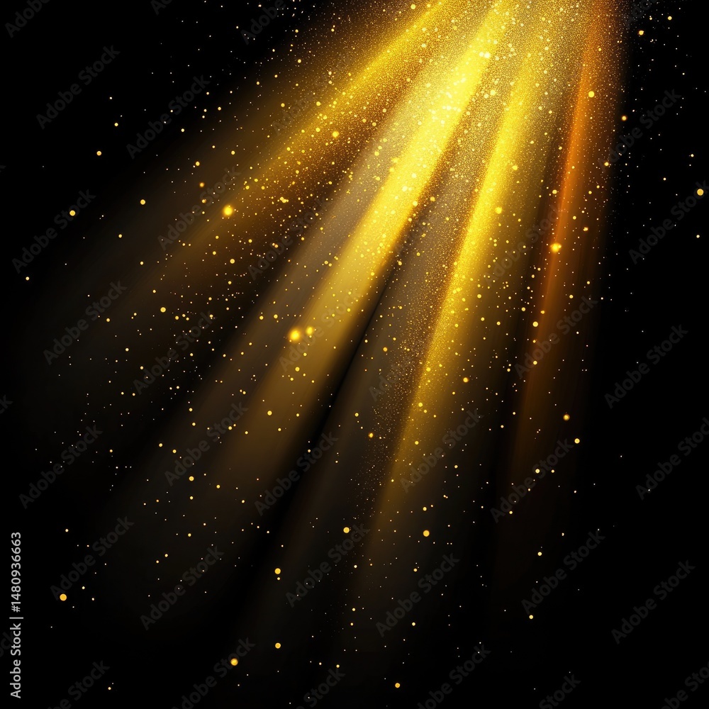 Poster a stunning display of golden light rays emanating from a central point against a dark background. cr