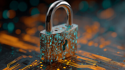 Metallic padlock on circuit board, glowing teal code inside, symbolizes digital security and data protection, ideal for tech or cybersecurity concepts