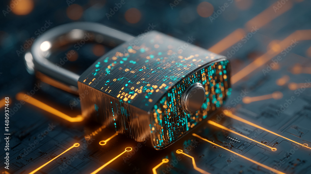 Poster close-up of metallic padlock on circuit board, glowing with digital code, symbolizing cybersecurity,