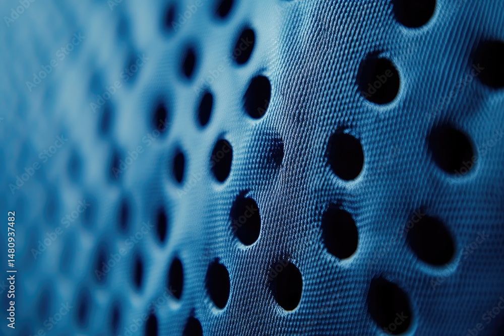 Poster close-up of a textured blue surface featuring evenly spaced circular holes. showcasing a modern desi