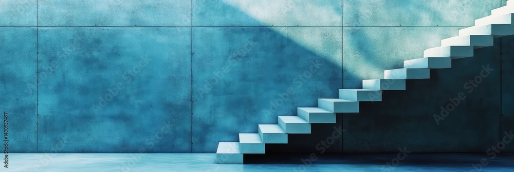 Poster a modern. minimalist staircase illuminated by soft light in a serene. textured blue room. creating a