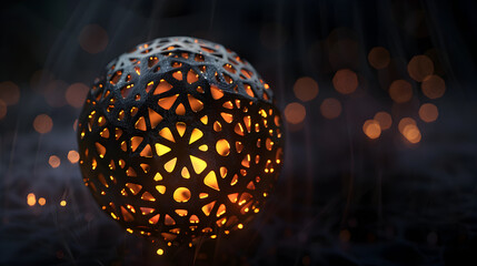 Fototapeta premium Ornate metal sphere with geometric cutouts illuminated from within casting a warm glow in a dark setting