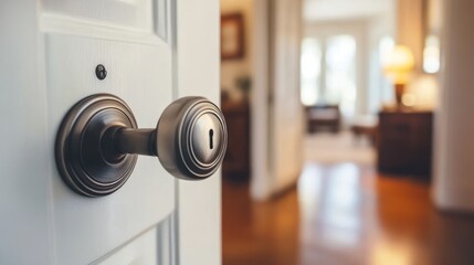 Bronze door knob white door blurred interior background