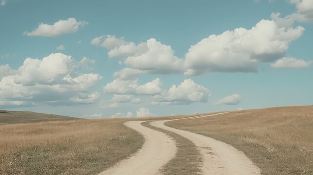 Winding Dirt Road Through Golden Wheat Field Under Blue Sky with Fluffy White Clouds