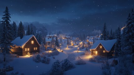 A peaceful, snow-covered village at night under a starlit sky.