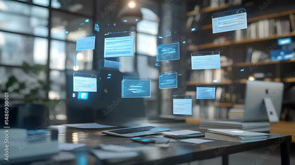 Poster floating digital data interfaces on modern office desk