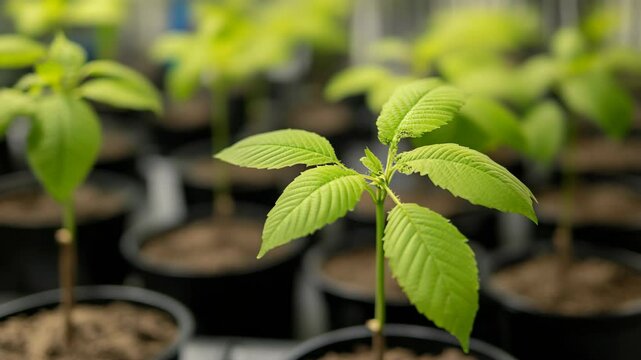 Kratom seedlings in pots, ready for transplant, under greenhouse conditions.
