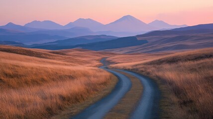 Fototapeta premium Winding Road Through Golden Hills at Sunset