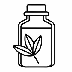 A line drawing of a bottle of essential oil with a leaf design.