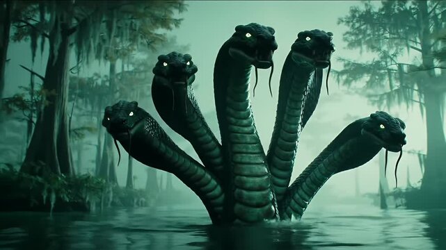 Five Headed Hydra Emerges from Murky Swamp Water with a Dark Fantasy Theme