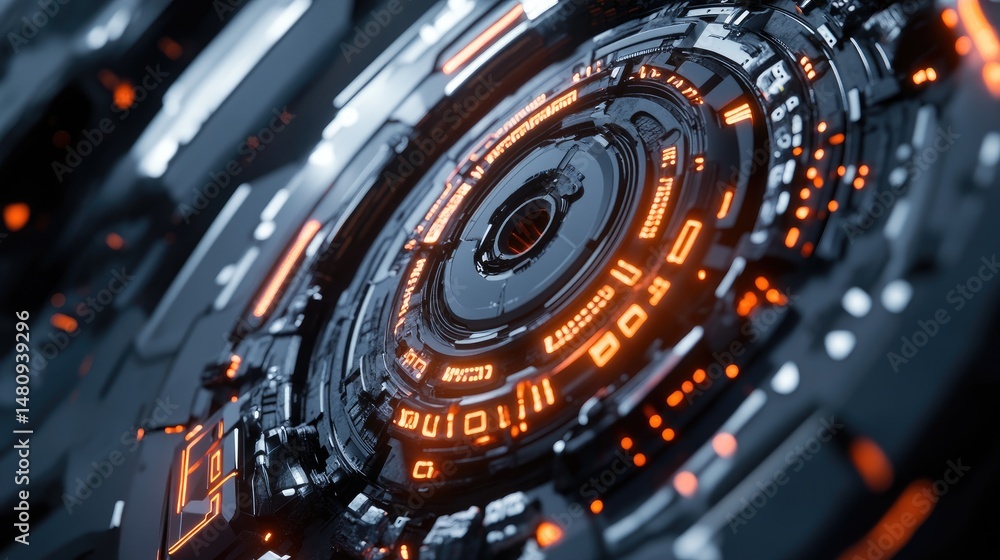 Poster a futuristic. illuminated technology panel featuring vibrant blue and red lights. set against a dark