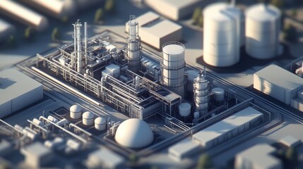 Industrial complex at dusk - sprawling petrochemical plant with plumes of steam and smoke, detailed view of refinery landscape.