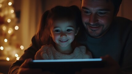 Joyful Bonding: Father and Daughter Engaged with Tablet, Sharing Happy Moments Together
