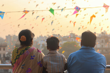 Obraz premium Family watching colorful kites during Indian Makar Sankranti festival
