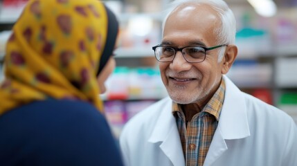 Smiling pharmacist and customer healthcare consultation and advice