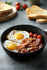 A delicious breakfast spread featuring crispy bacon. a sunny-side-up egg. and fresh tomatoes. served on rustic bread. with a cozy kitchen background