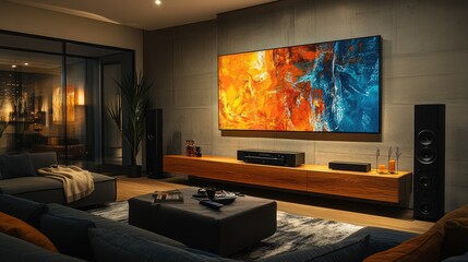 Fototapeta premium A modern living room featuring a vibrant abstract painting on the wall. a large colorful TV display. cozy seating. and ambient lighting creating a warm atmosphere