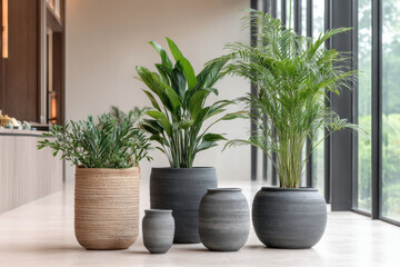 Fototapeta premium serene modern interior featuring lush green plants showcasing minimalistic design elements