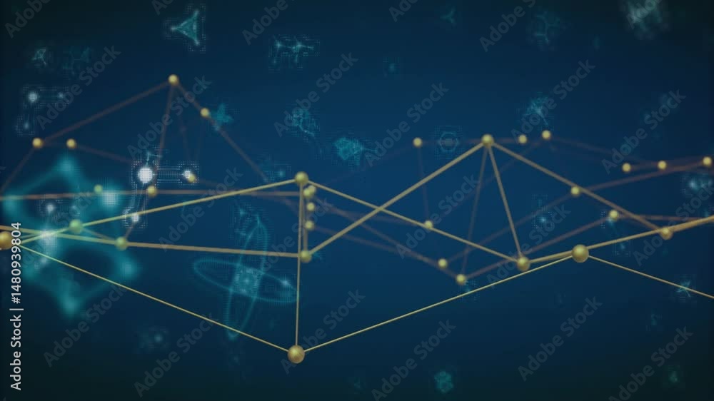 Poster golden nodes connecting through yellow lines spreading across blue field showing high-tech network