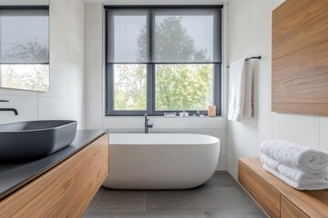 Fototapeta premium Modern bathroom featuring a sleek black freestanding bathtub and a minimalist wooden sink. with natural light streaming through large windows and a small tree enhancing the serene atmosphere