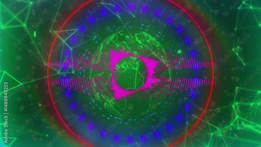 Aufkleber flat design showing green globe being surrounded by magenta waveform ring and neon network nodes
